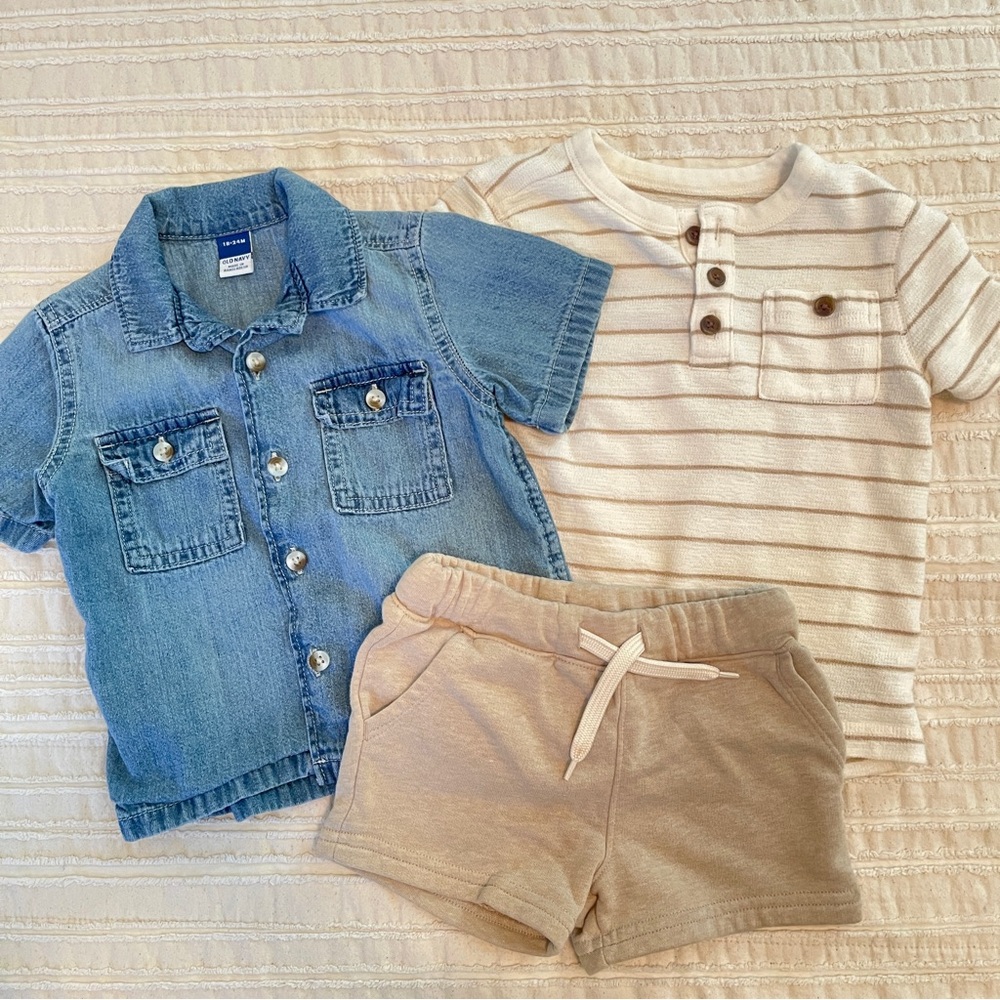 Lot of 3 Old Navy Baby Boy (18-24 MO) items - denim shirt, henley, shorts